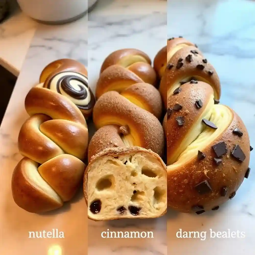 Three variations of braided chocolate chip brioche, including Nutella swirl, cinnamon sugar, and orange zest with dark chocolate.