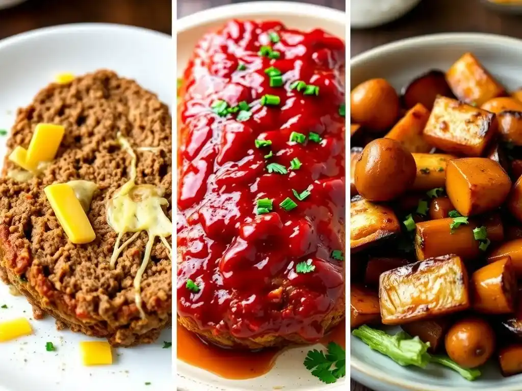 Three variations of Creole meatloaf, including a cheese-stuffed version, an extra-spicy glazed option, and a vegetable-paired serving.