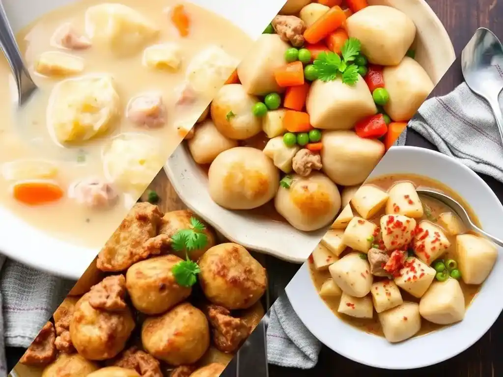 Three variations of Chipped Beef Flour Dumplings Potatoes, including classic, vegetable-loaded, and spicy versions, served in rustic bowls.