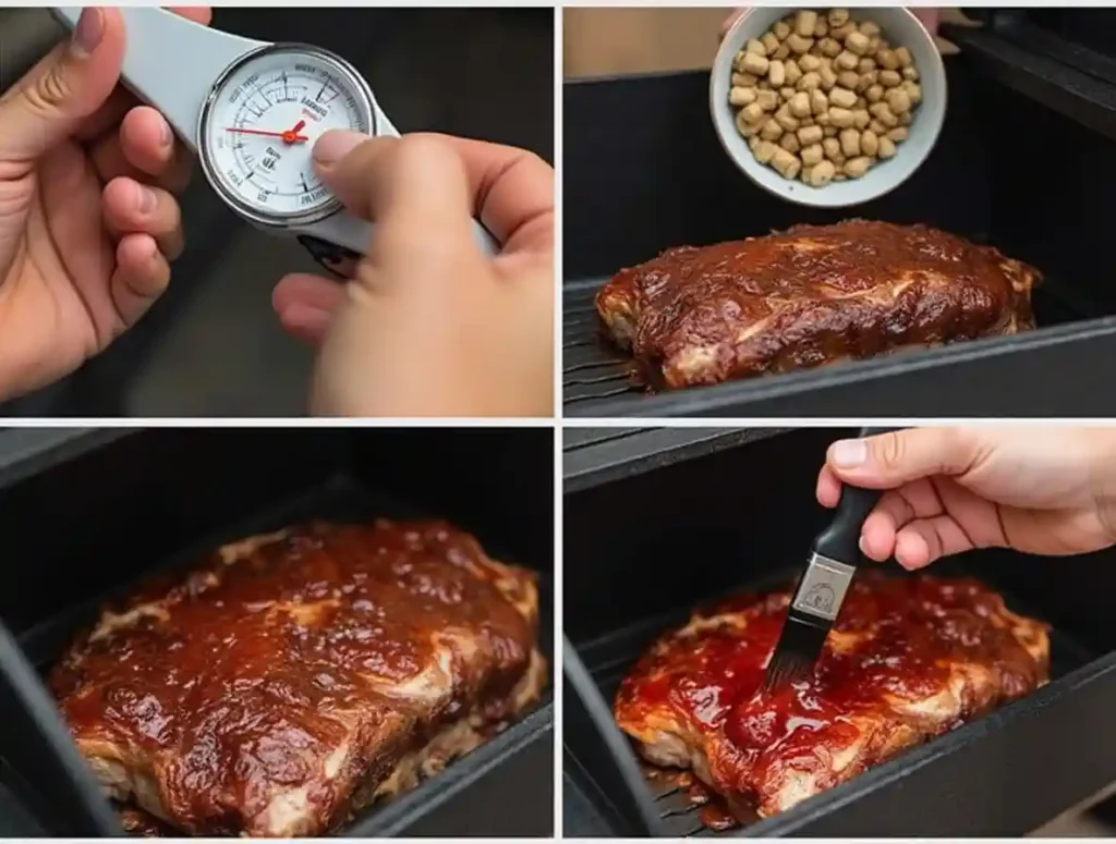 A chef checking smoked meat temperature, adding wood pellets, and brushing BBQ sauce for pro-level pellet smoker results.