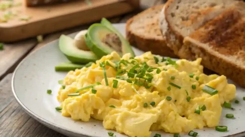 A plate of fluffy scrambled eggs garnished with chives, served with toast and avocado on a rustic wooden table.