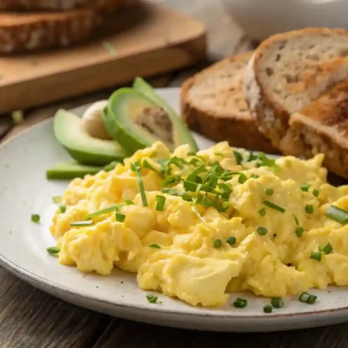 A plate of fluffy scrambled eggs garnished with chives, served with toast and avocado on a rustic wooden table.