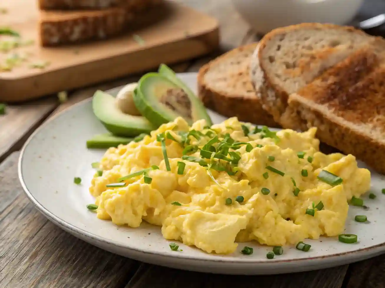 A plate of fluffy scrambled eggs garnished with chives, served with toast and avocado on a rustic wooden table.