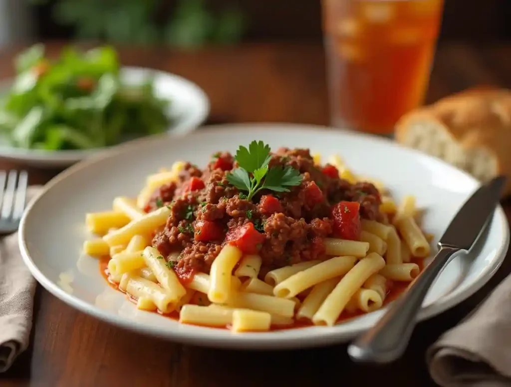 A serving of beefaroni garnished with parsley, paired with garlic bread and a fresh salad on a wooden table.