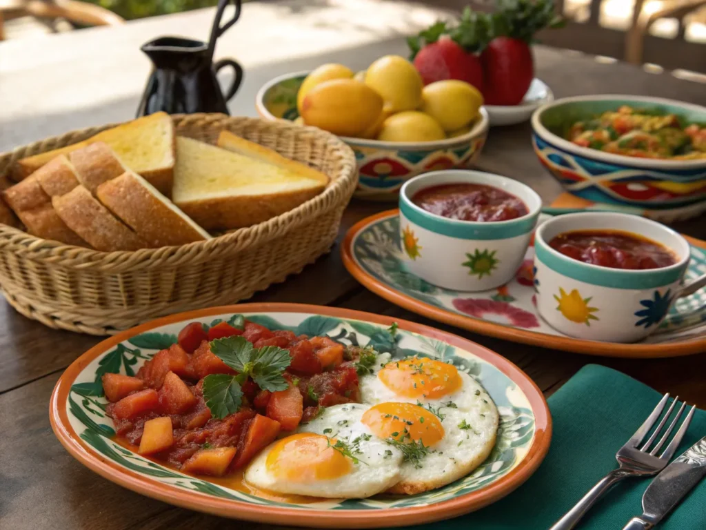 A beautifully set table with a full Cuban breakfast spread, including coffee, toast, eggs, plantains, and fruit.