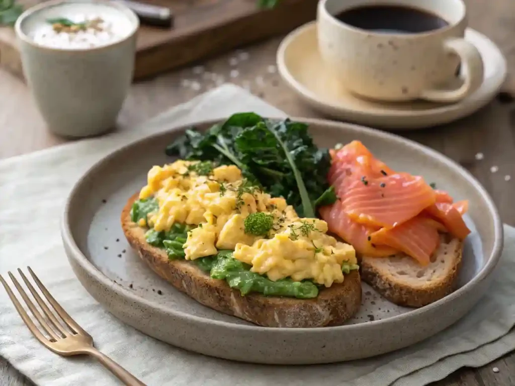 A breakfast plate with scrambled eggs, avocado toast, and smoked salmon, served with coffee.