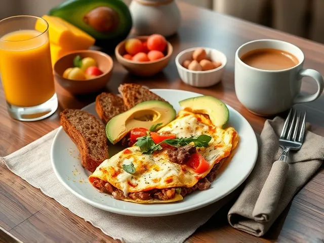 A plated bacon, bell pepper, and vegan cheese omelette served with toast, avocado, and coffee.