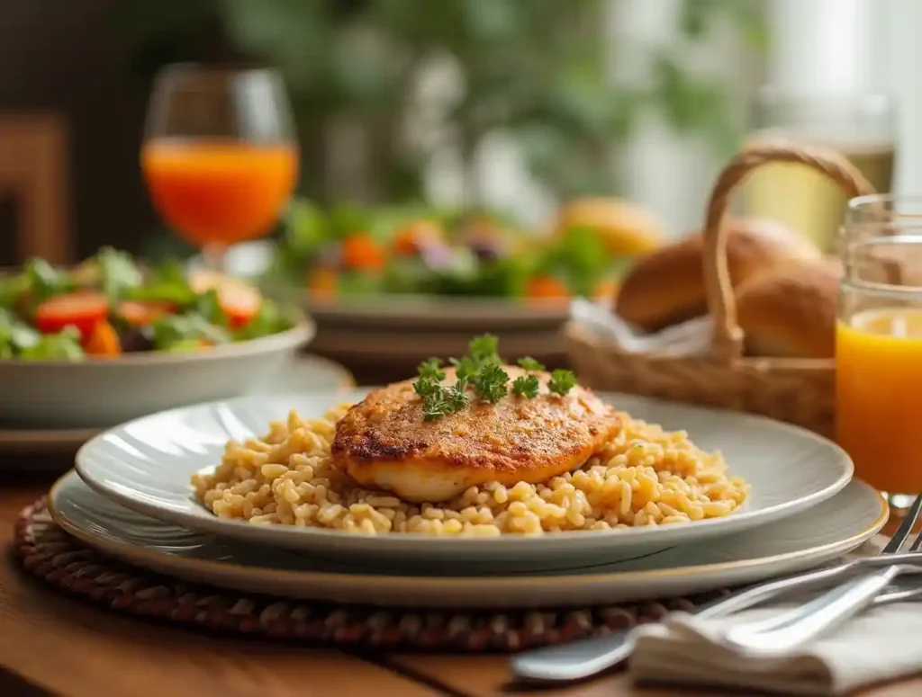 Parmesan Chicken & Rice served with a side salad, roasted vegetables, and warm dinner rolls, set on an inviting dinner table.