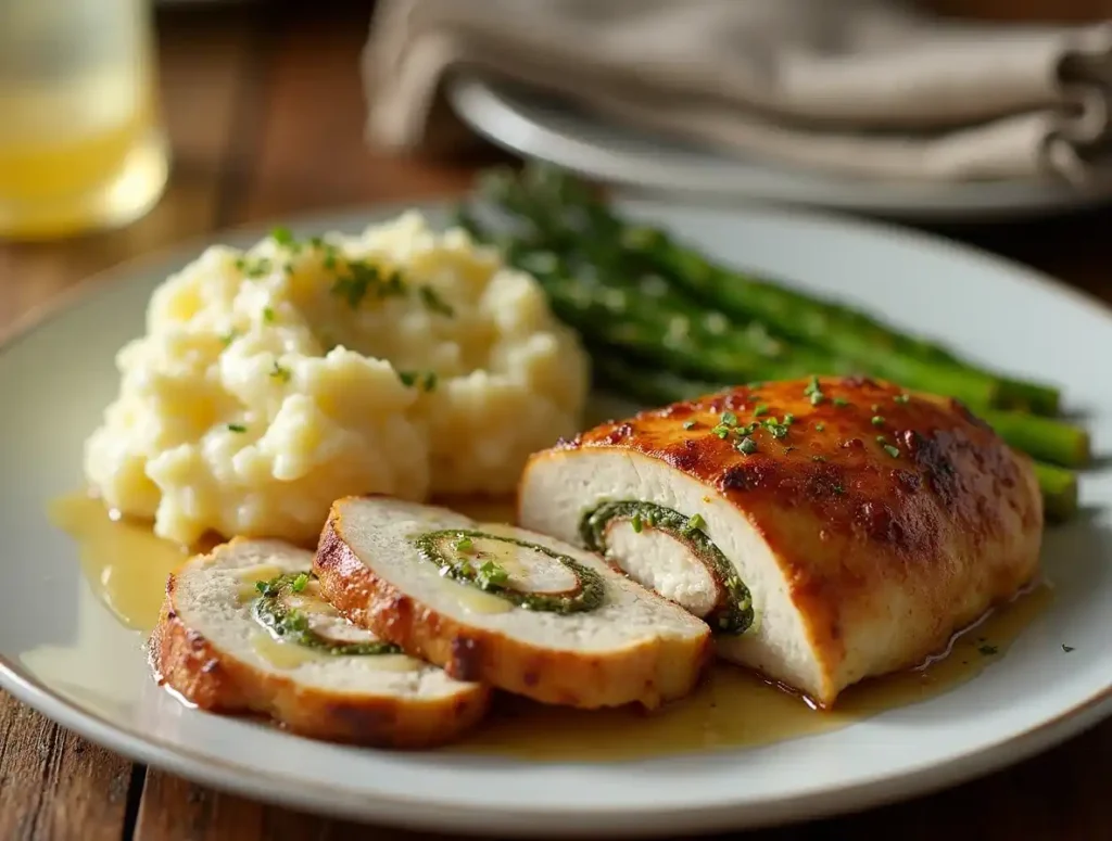 A plated baked stuffed chicken breast with mashed potatoes and roasted asparagus, set on a rustic dining table.