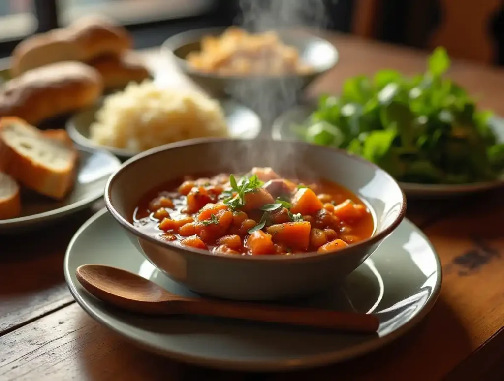 A hearty 2-quart slow cooker meal served with bread and a fresh salad, creating a cozy and inviting dining atmosphere.