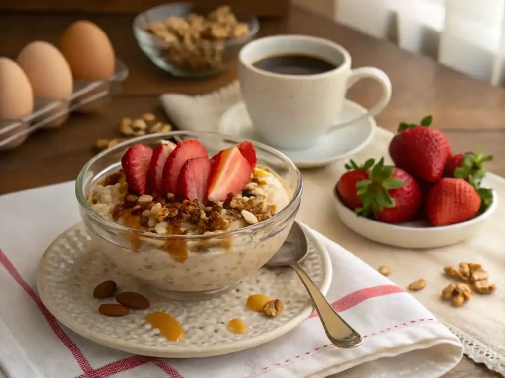 A serving of high-protein overnight oats topped with strawberries, honey, and walnuts, accompanied by coffee and eggs for a balanced meal.