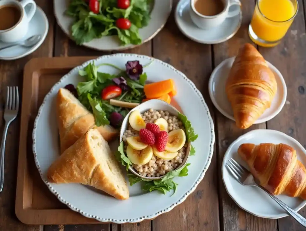 A perfectly plated breakfast spread inspired by the Bread Co breakfast menu, featuring a sandwich, oatmeal, and a croissant.