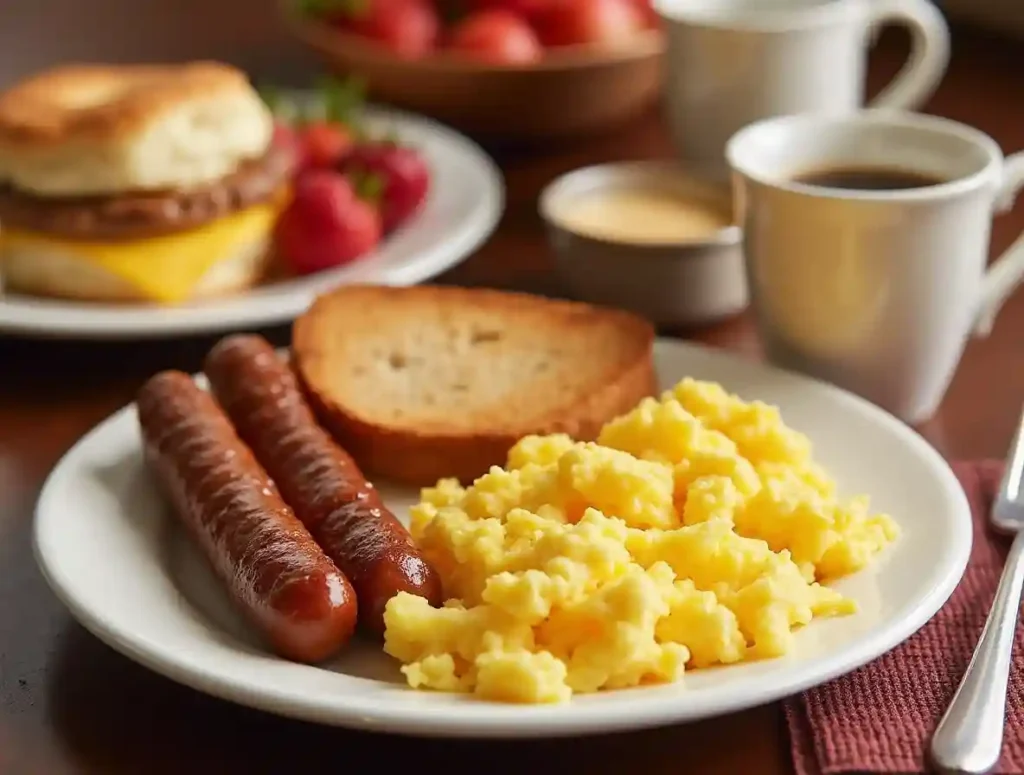 A delicious breakfast spread featuring oven-baked Jimmy Dean breakfast sausage with eggs, toast, fruit, and coffee.