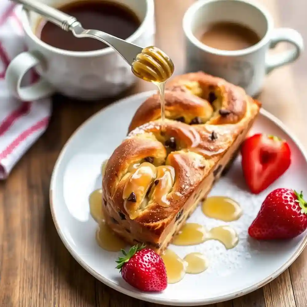 Toasted braided chocolate chip brioche with honey drizzle, fresh strawberries, and powdered sugar, served with a cup of coffee.