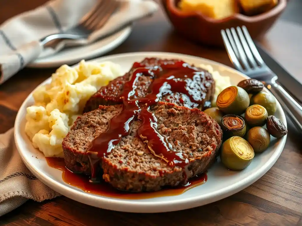 Sliced Creole meatloaf served with mashed potatoes, roasted Brussels sprouts, and cornbread on a white plate.