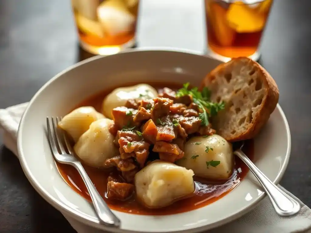 A serving of Chipped Beef Flour Dumplings Potatoes in a deep bowl, paired with crusty bread and a refreshing drink for a complete meal.