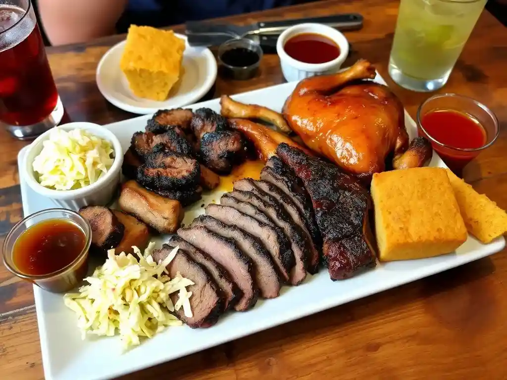 A plated BBQ meal with smoked brisket, ribs, cornbread, and sauces, styled on a rustic wooden table for the perfect BBQ experience.