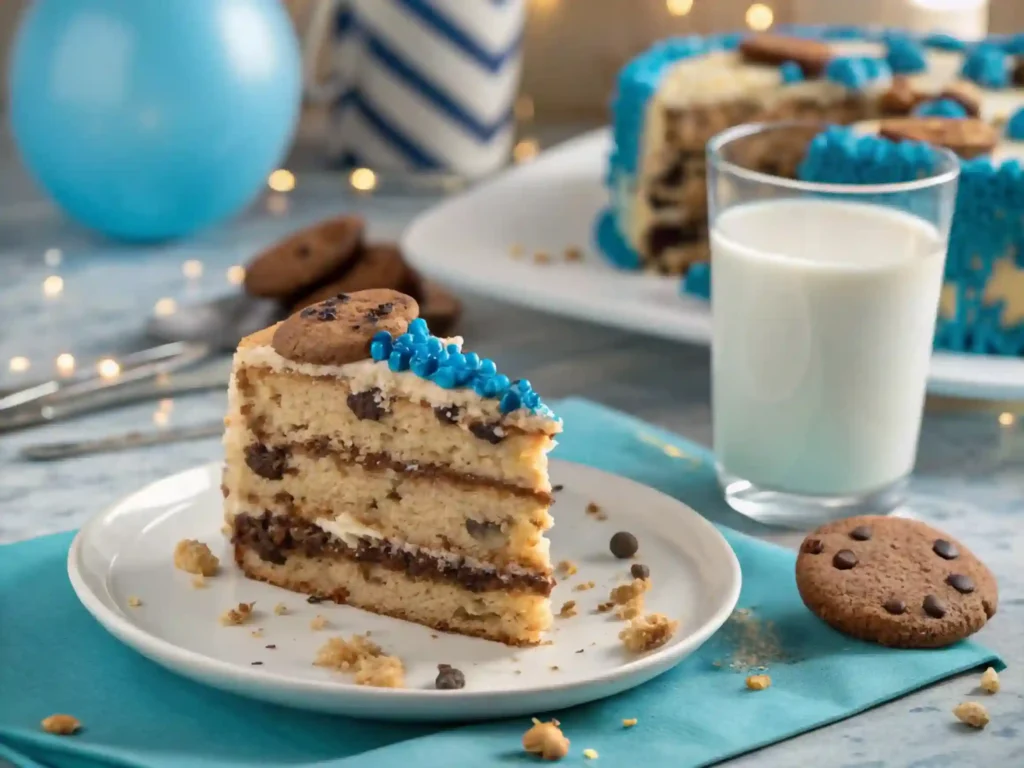 A slice of Cookie Monster Cake served with a glass of milk on a party table.