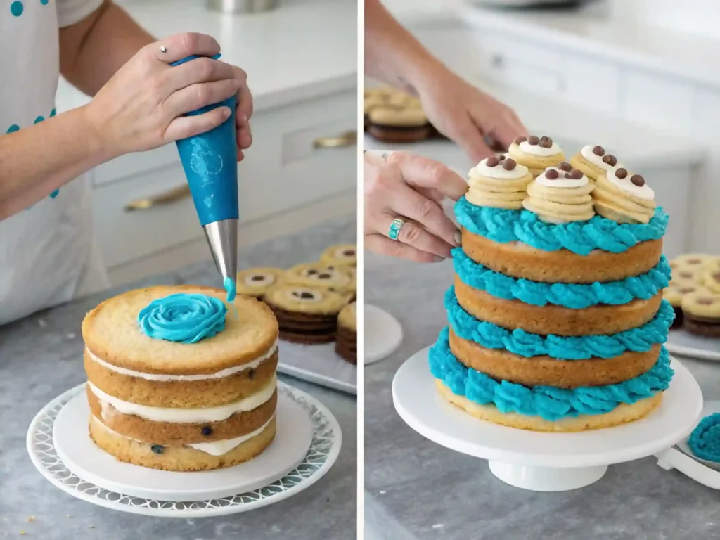 Step-by-step images of a baker frosting and decorating a Cookie Monster Cake.