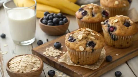 Freshly baked banana blueberry oatmeal muffins on a wooden surface with bananas, blueberries, and oats.