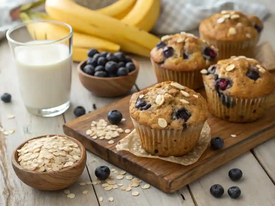 Freshly baked banana blueberry oatmeal muffins on a wooden surface with bananas, blueberries, and oats.