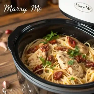 Slow cooker holding a creamy marry me chicken pasta garnished with fresh herbs and sun-dried tomatoes.