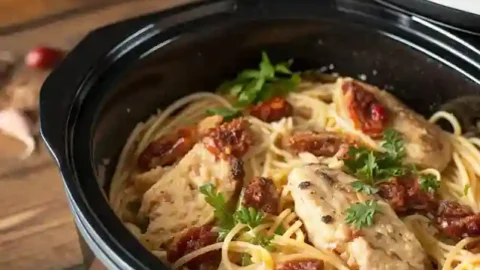 Slow cooker holding a creamy marry me chicken pasta garnished with fresh herbs and sun-dried tomatoes.