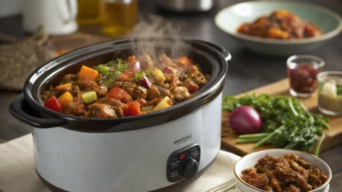 Crock pot ground beef in a slow cooker with vegetables