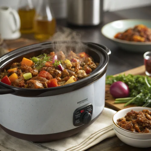 Crock pot ground beef in a slow cooker with vegetables