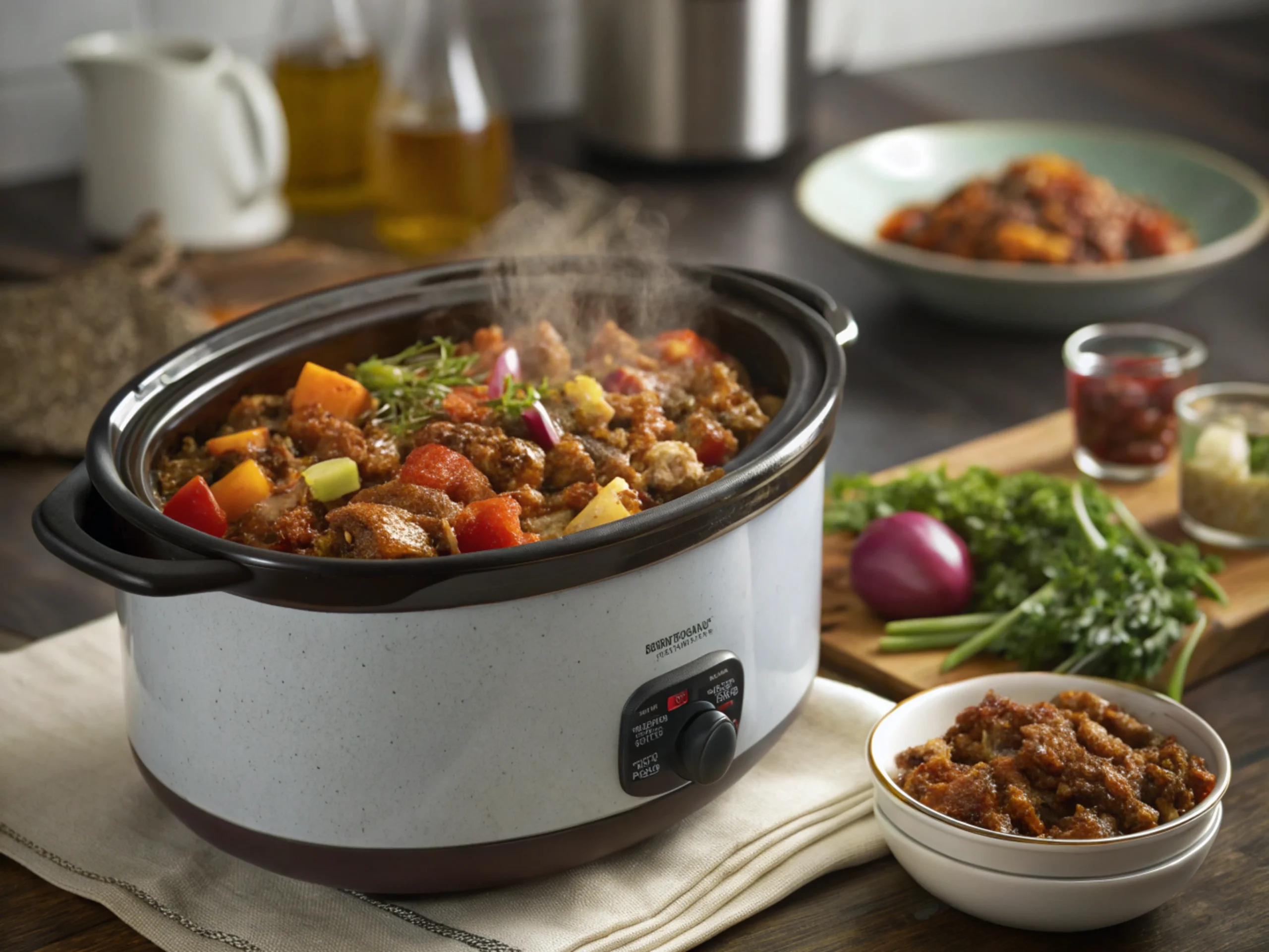 Crock pot ground beef in a slow cooker with vegetables