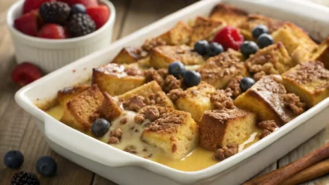 Cozy French Toast Casserole in a rustic casserole dish on a wooden table