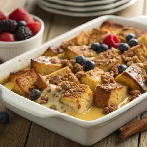 Cozy French Toast Casserole in a rustic casserole dish on a wooden table