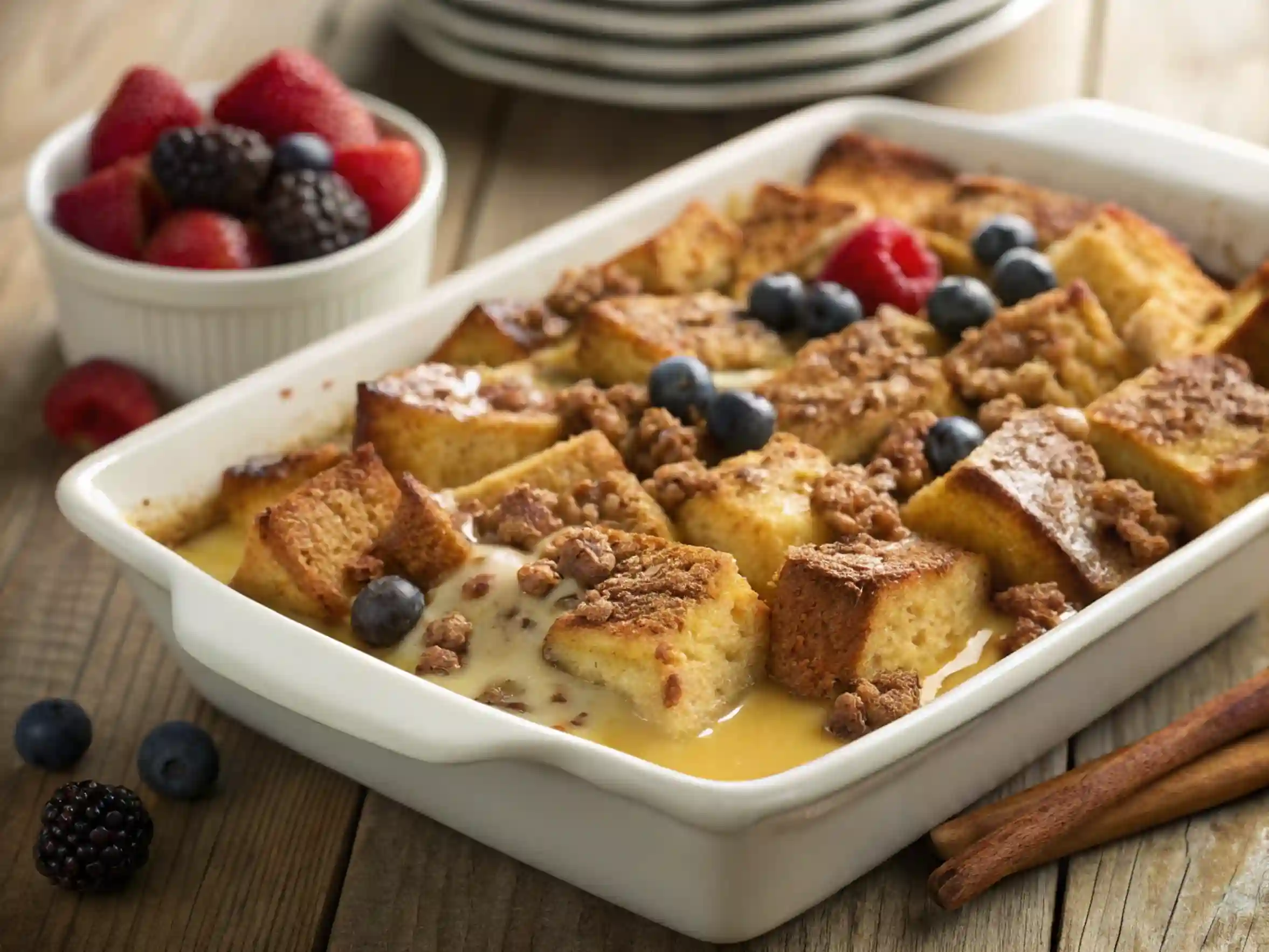 Cozy French Toast Casserole in a rustic casserole dish on a wooden table