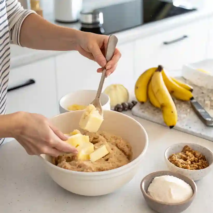 Hands stirring ingredients for Old Fashioned Banana Bread in a modern kitchen