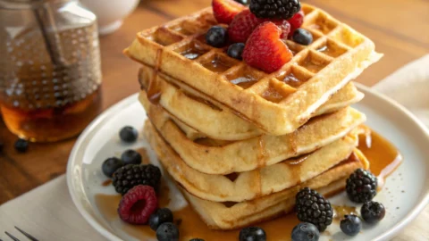 Stack of golden-brown waffles without milk, drizzled with maple syrup and topped with fresh berries.