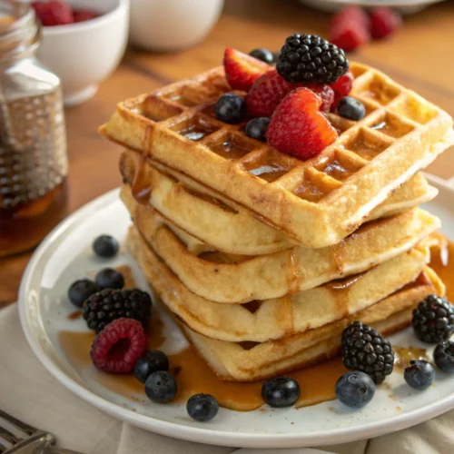 Stack of golden-brown waffles without milk, drizzled with maple syrup and topped with fresh berries.