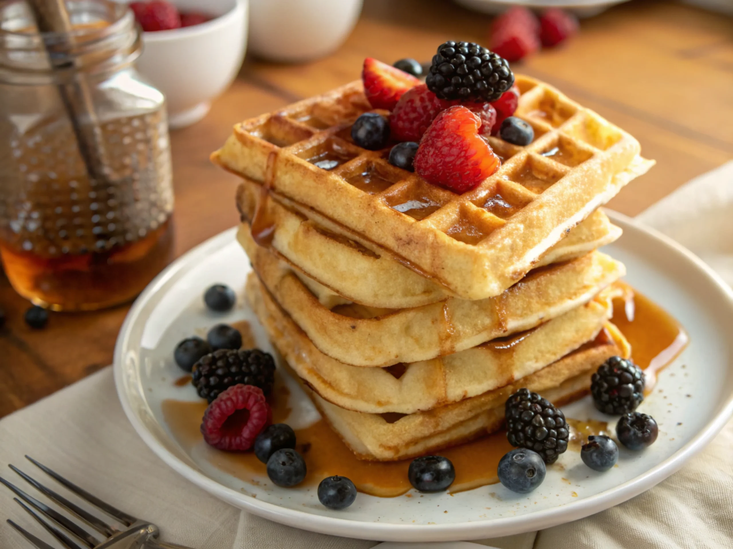 Stack of golden-brown waffles without milk, drizzled with maple syrup and topped with fresh berries.