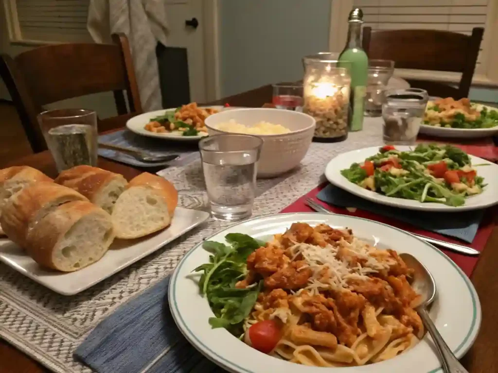 A table spread showing crockpot marry me chicken pasta served with salad and bread.