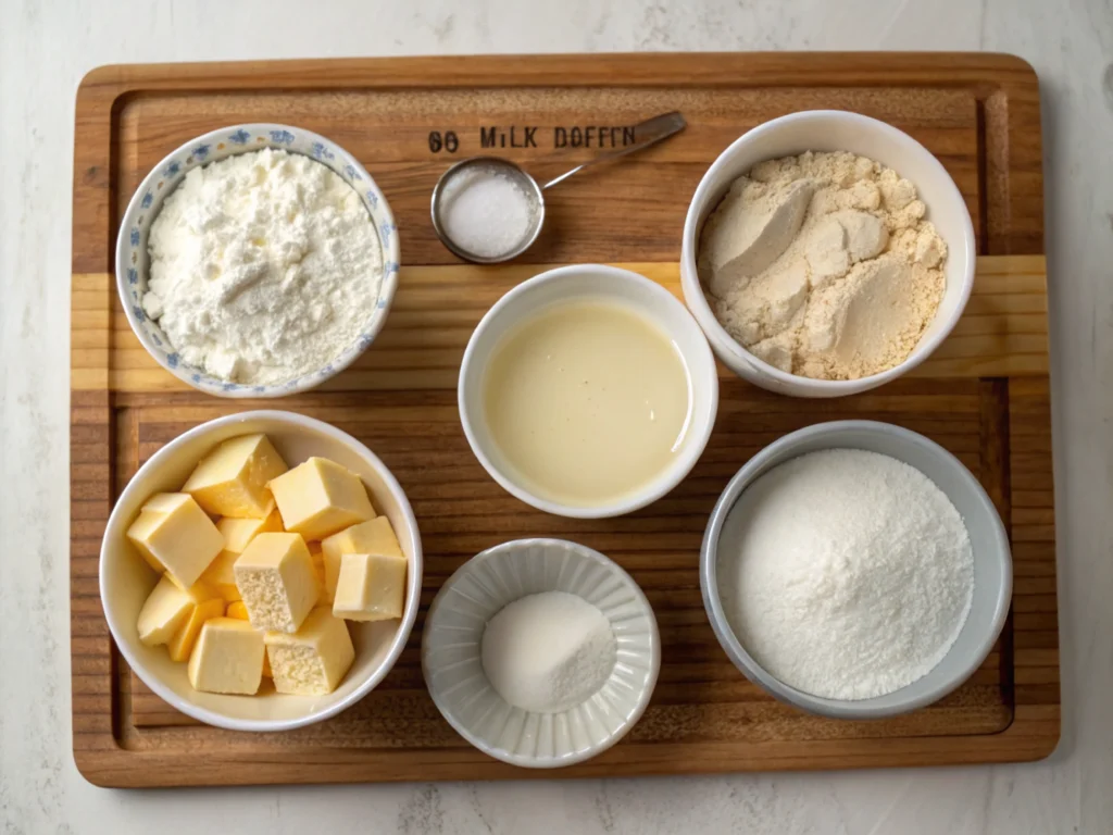 Ingredients laid out neatly for waffle recipe no milk