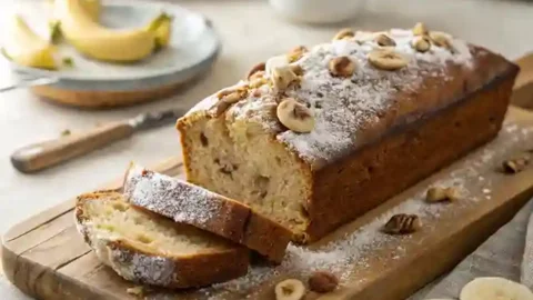 Freshly baked Old Fashioned Banana Bread on a rustic wooden board