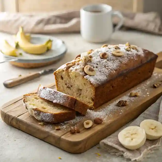 Freshly baked Old Fashioned Banana Bread on a rustic wooden board