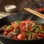 Beef tomato stir-fry with tender beef slices, red tomatoes, and green onions in a savory sauce, served in a wok.