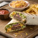 A delicious Big Mac Wrap cut in half, revealing layers of ground beef, cheese, lettuce, onions, pickles, and Big Mac sauce, served with fries and extra sauce.