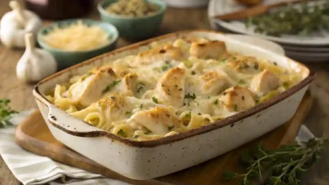 A high-resolution, realistic image of a Creamy Garlic Parmesan Chicken Pasta Bake in a rustic casserole dish, garnished with fresh herbs and a golden crispy cheese topping.