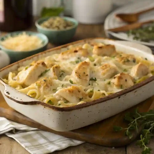 A high-resolution, realistic image of a Creamy Garlic Parmesan Chicken Pasta Bake in a rustic casserole dish, garnished with fresh herbs and a golden crispy cheese topping.