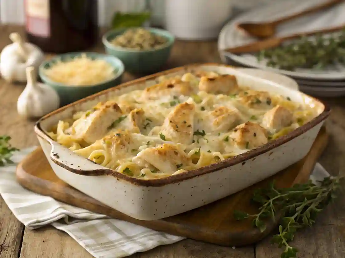 A high-resolution, realistic image of a Creamy Garlic Parmesan Chicken Pasta Bake in a rustic casserole dish, garnished with fresh herbs and a golden crispy cheese topping.