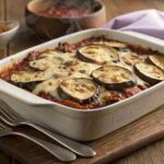Golden-brown Eggplant Ground Beef Casserole with melted cheese, roasted eggplant slices, and savory ground beef in tomato sauce, served on a rustic wooden table.