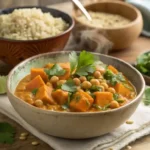 Gluten-free dairy-free sweet potato and chickpea curry served in a bowl with quinoa and fresh cilantro garnish