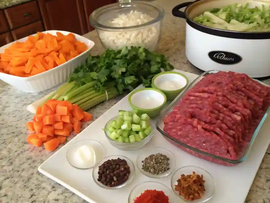 Fresh ingredients for crock pot ground beef