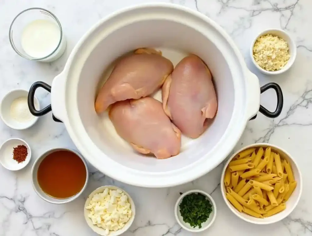 Raw chicken, cream, broth, pasta, and seasonings arranged around a slow cooker for crockpot marry me chicken pasta.